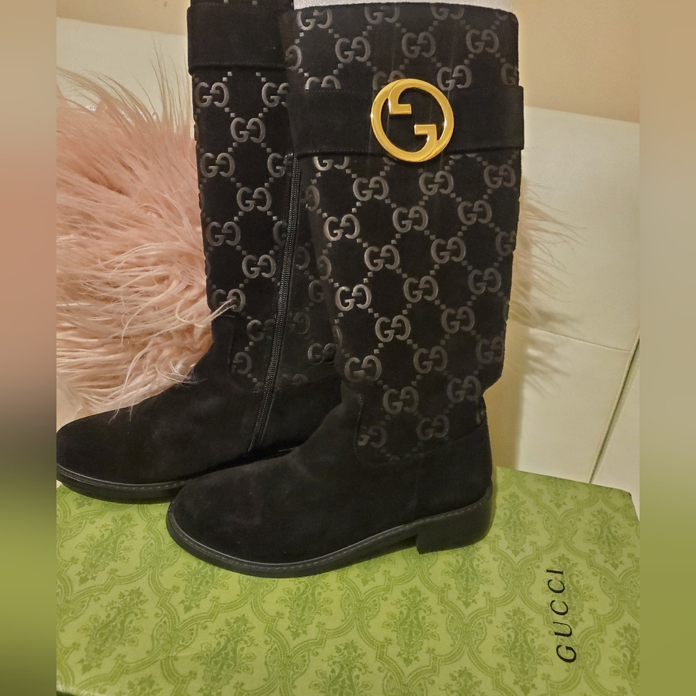 Black GG Suede Logo Tall Boots